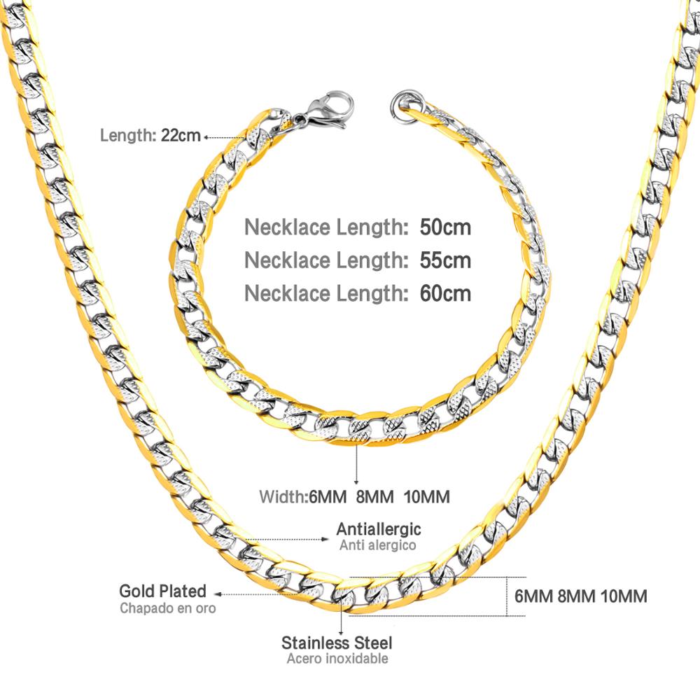 LUXUSTEEL Silver Color Chains Necklace Bracelets Width 6mm/8mm/10mm Length 50cm/55cm/60cm Stainless Steel Long Necklace Party