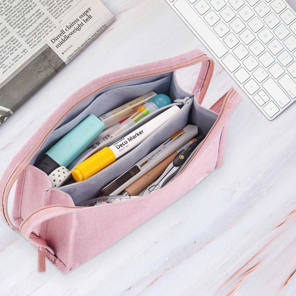 Large Capacity Pencil Case Double Handle Canvas Pencil Bag Storage Box School Stationery Organizer Pencil Storage Pouch Bag