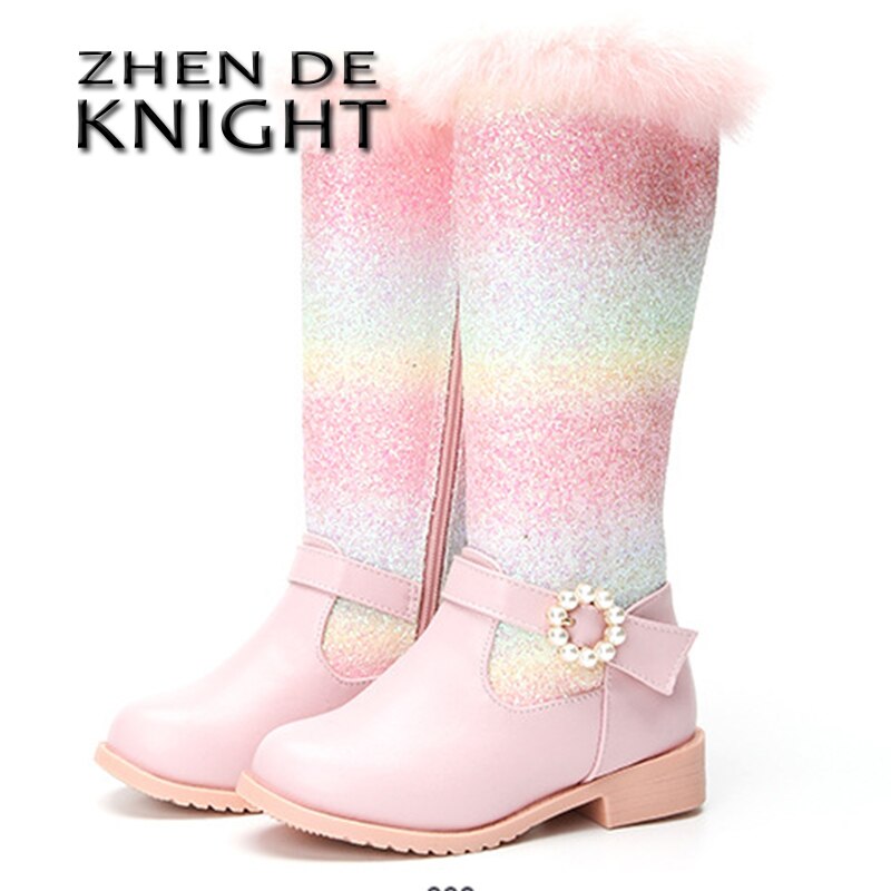 Princess Girls Knee-High Boots Students Rainbow Boots Children Autumn Winters Warm Snow Boots Show Little Girl Boats