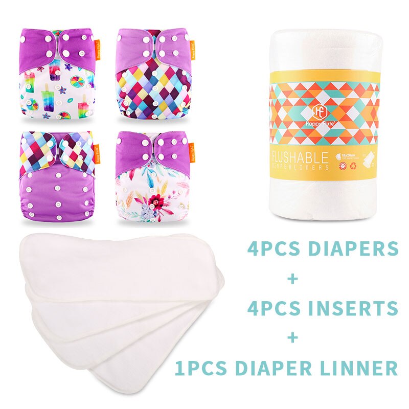 Happyflûte-couche lavable réutilisable, 4 Inserts + 1 couche jetable, taille ajustable, convient aux bébés de 3 à 15KG: SMT008-B14
