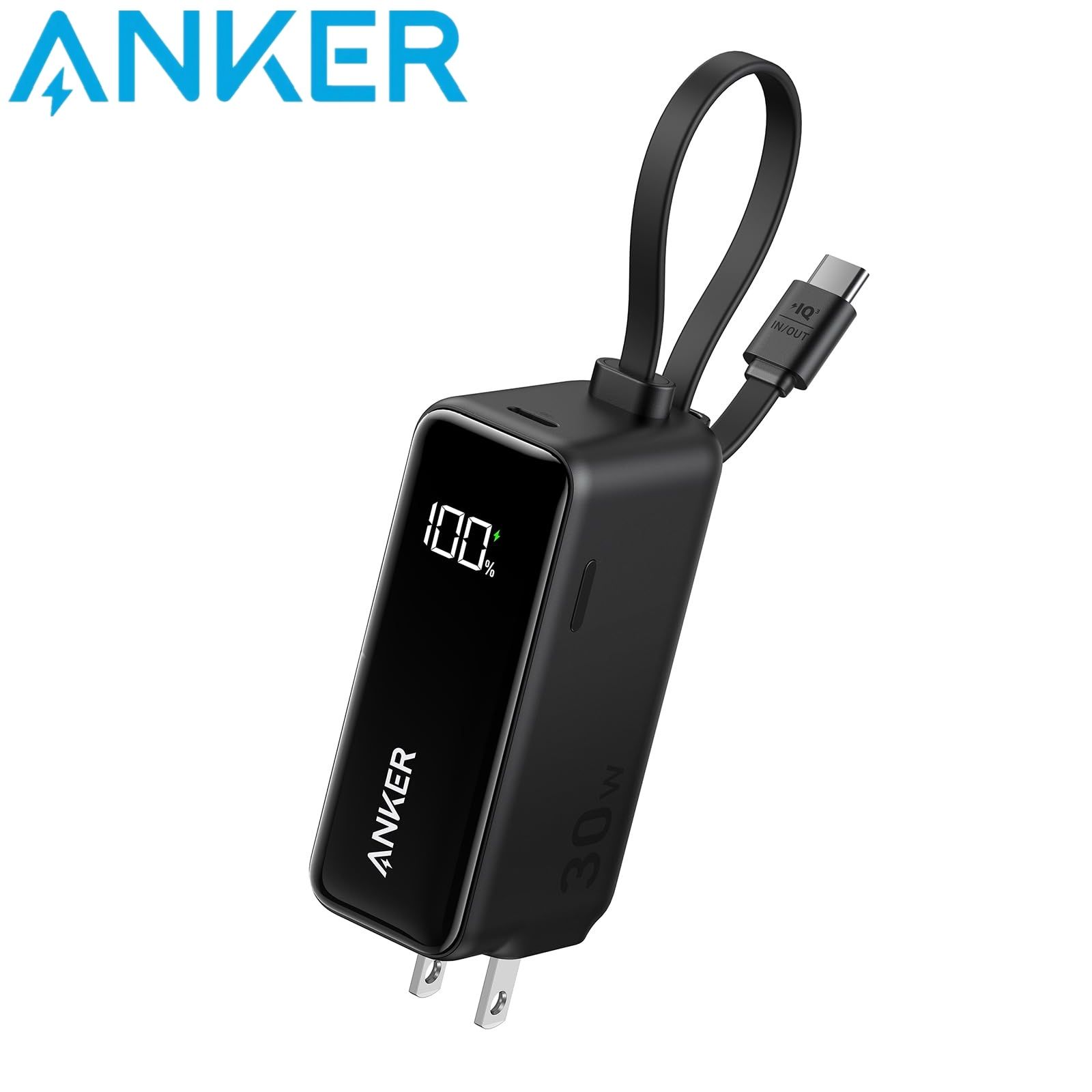 Anker Power Bank USB C Charger Block 3-in-1 5,000mAh Portable Charger with Built-in USB-C Cable and Foldable CN Plug A1636: black