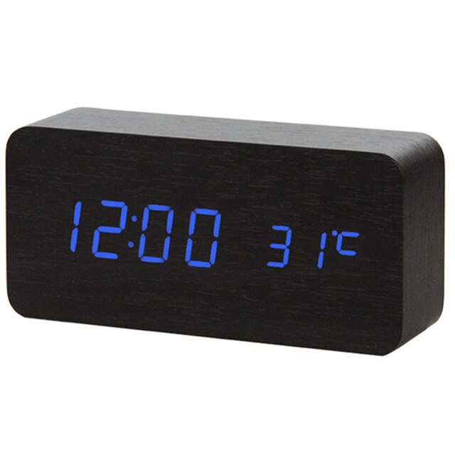 LED Wooden Alarm Clock Desktop Watch Voice Control Temperature Humidity Living Room Display Desk Alarm Clocks Home Decor: Blcak Wood Blue N