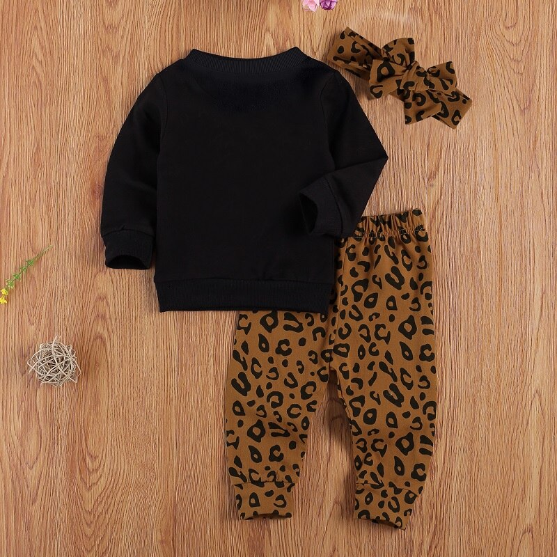 Spædbarn børn baby piger 3 stk outfit sæt langærmet brev t-shirt leopard bukser pandebånd forår efterår tøj