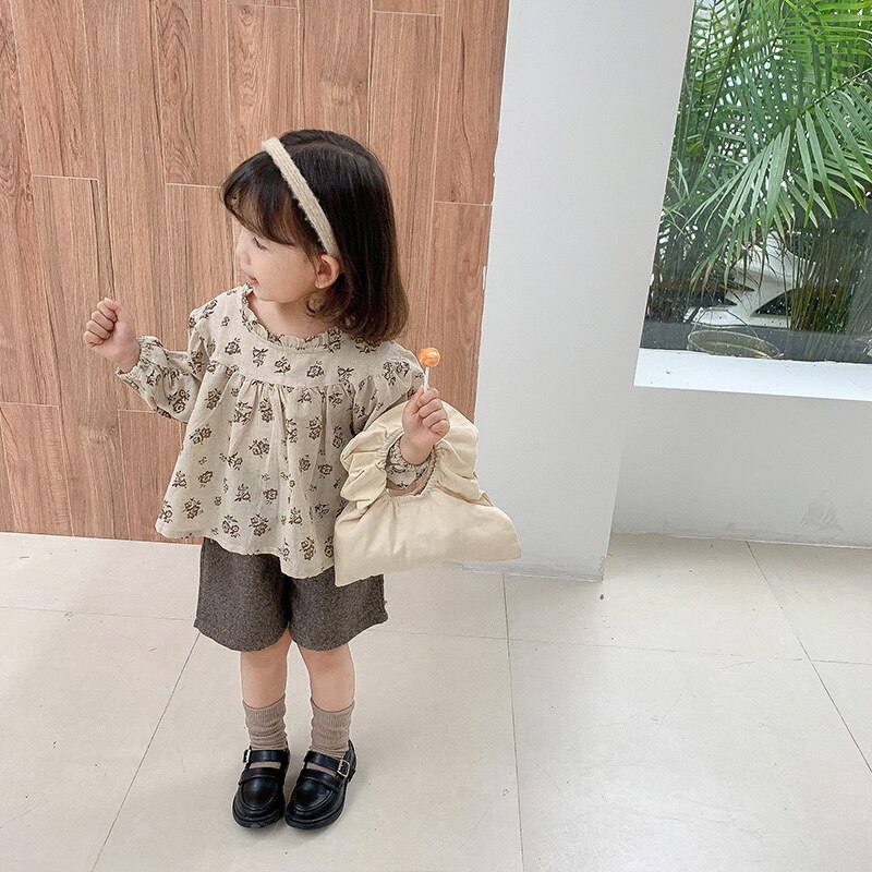 Blusa de lino y algodón con estampado floral para niña, blusa holgada de manga larga para otoño,