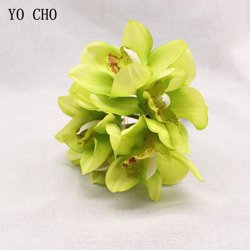 YO CHO Nep Orchidee Bloem DIY Bruidsmeisje Boeket Bruiloft Bloem 6 Heads Orchidee Boeket Bloemstuk Groen Thuis Party Decor: green