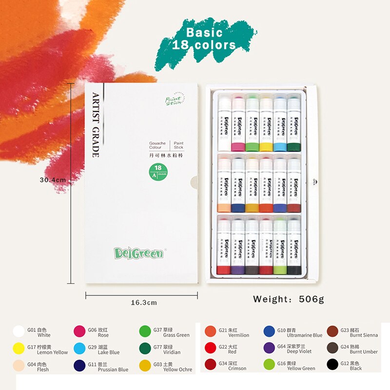 DELGREEN ARTIST GRADE Solid Gouache Paint Sticks/Pastels/Crayons Soft Basic/Macaron 12/18 Colors Graffiti Water Soluble Crayons: Basic-18colors