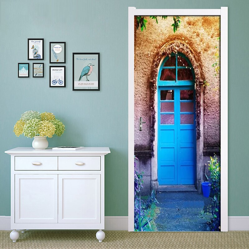 2pcs/set Retro Blue Door DIY Door Stickers 3D Mural Bedroom Home Decor Poster PVC Waterproof 3D Wall Sticker Refrigerator Decals