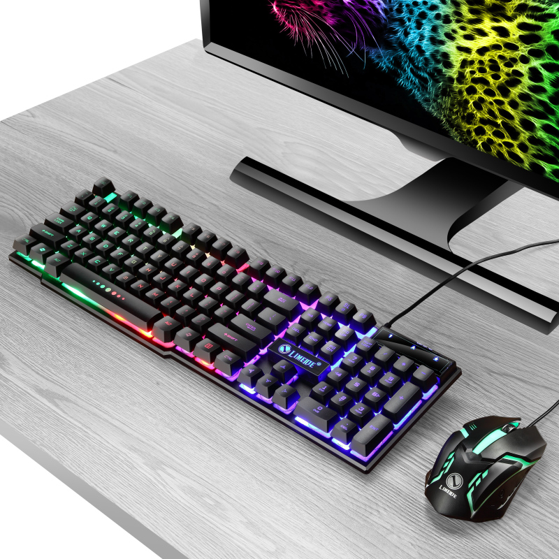 Usb kablet gaming tastatur mus sett pc rainbow fargerik led bakgrunnsbelyst gamer gaming mus og tastatur combos kit hjemmekontor
