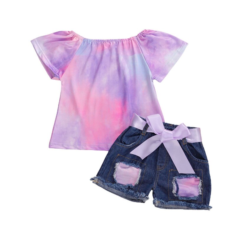 bébé été vêtements infantile enfants bébé fille cravate teinture léopard vêtements ensemble coloré chemise hauts déchiré trou Denim bas: VIOLET / 4T