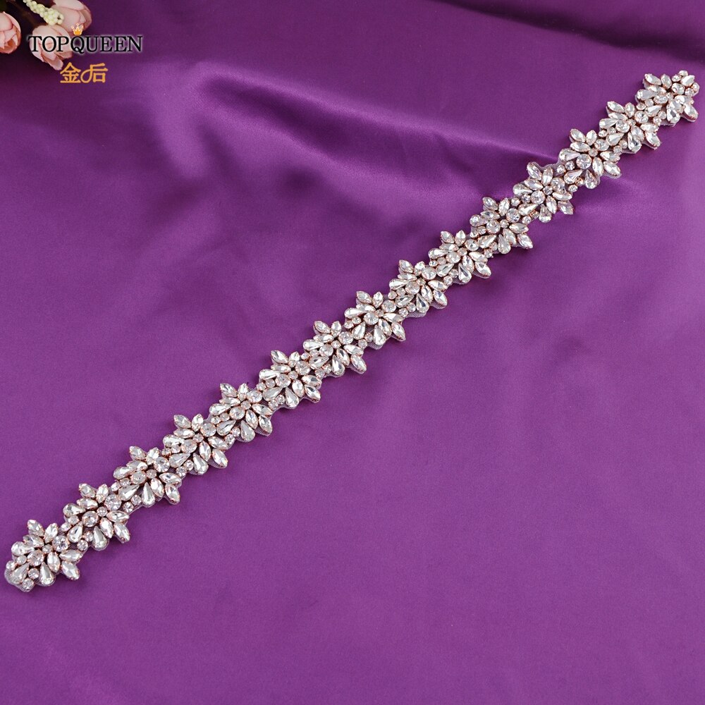 TOPQUEEN (1pc) s269 Braut Hochzeit Silber Strass Applikationen Gürtel Rose Gold Kristall Perlen Patch Eisen auf für Hochzeit Kleider