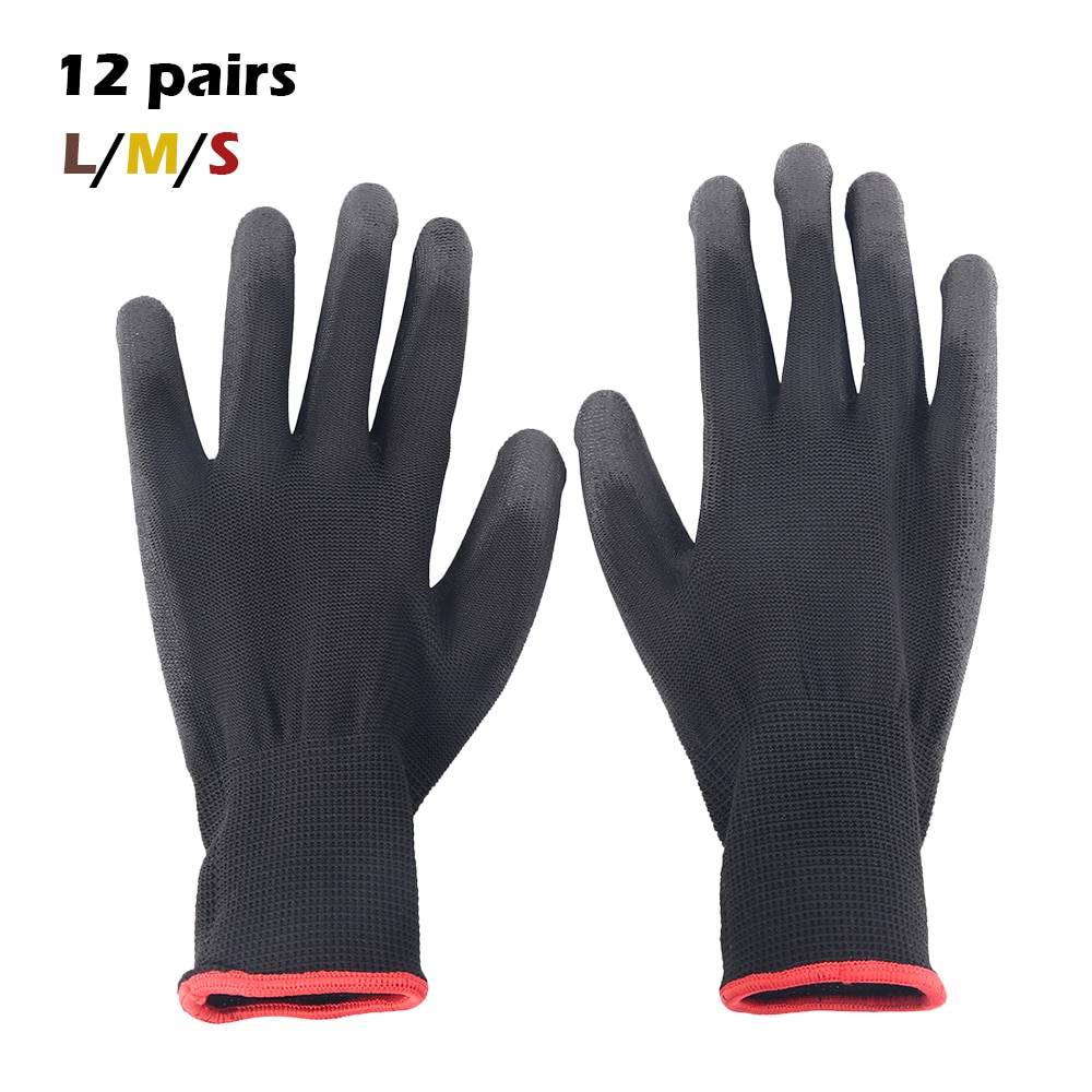 12 Pairs S/M/L Nylon PU Safety Working Gloves Builders Grip for Palm Coating Gloves Carpenters Maintenance Workers Supplies