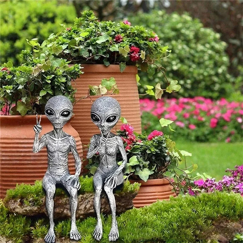 Grappige hars buitenaardse standbeeld buiten tuindecoratie UFO dwerg sculptuur desktop home decor voor Halloween kerstversieringen
