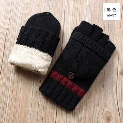 Guantes sin dedos de invierno para hombre, mitones de lana tejidos, manoplas cálidas de terciopelo para invierno, manoplas cálidas para hombre, medio guantes de conducir dedo: nb07  black