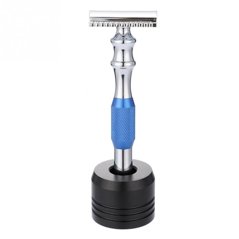 Men Safety Razor Anti-slip Stripe Handle Classic Double-Edged Shaving Razor Blade &amp; Base Manual Razor Shaving Tool Hair Remover: Blue Razor Base