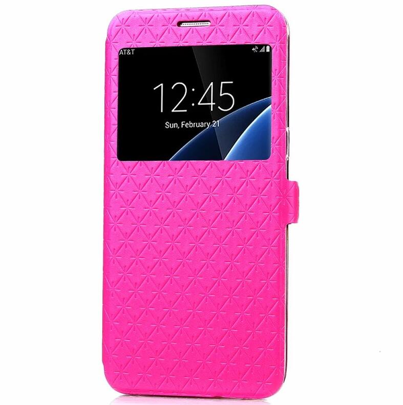 Cover Phone Case For Samsung Galaxy s7 edge SM G9350 Flip PU Leather tpu Shell S7 G9300 Rhombus Holster Bag Window Stand: For Samsung S7 / Rose