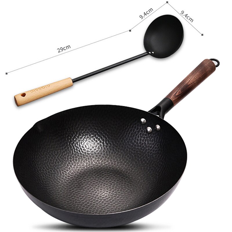 32 Cm Niet-Coating Ijzeren Pot Gietijzeren Pan Algemeen Gebruik Voor Gas En Inductie Kookplaat Chinese Wok Kookgerei pan Keuken Gereedschap: 32cm and spoon