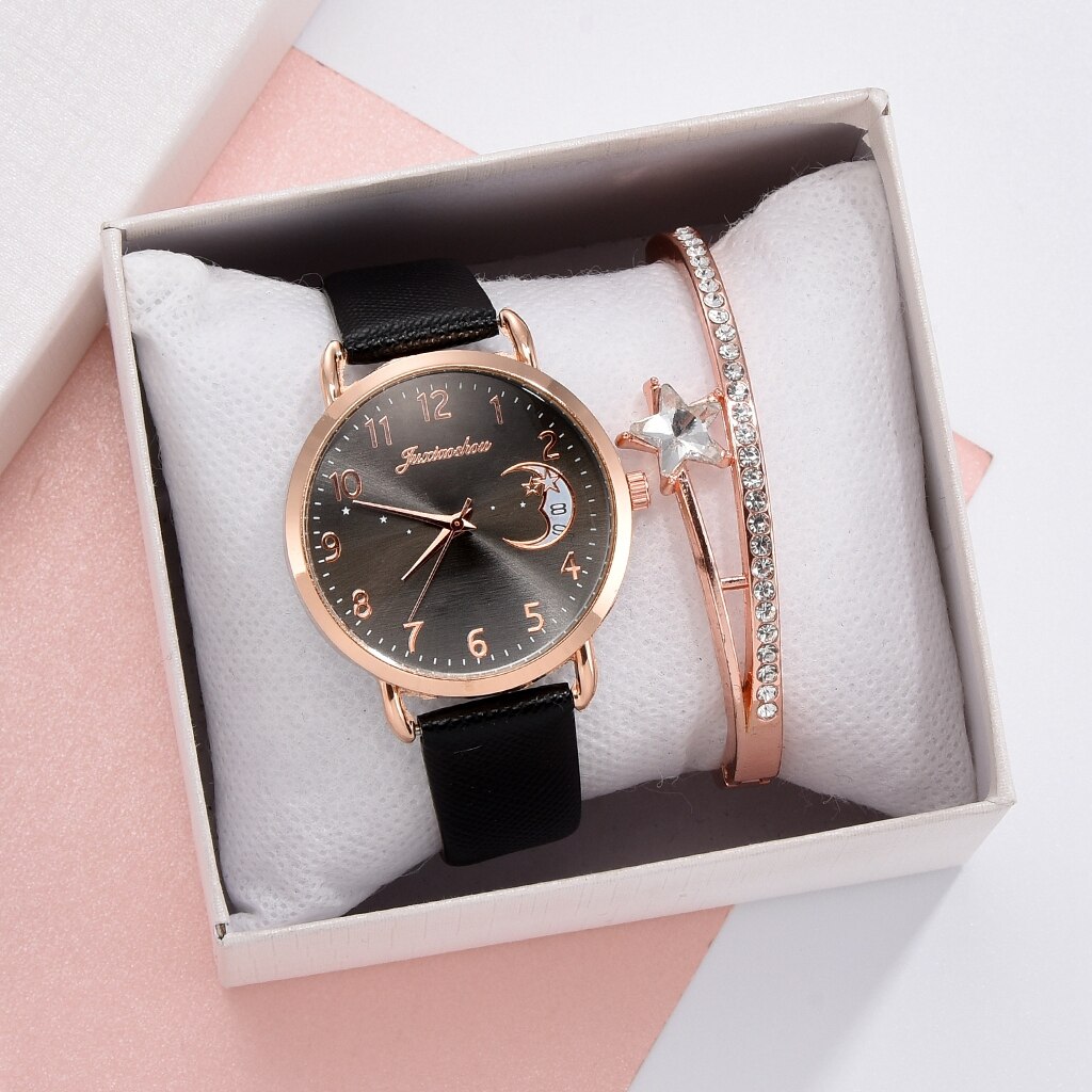 Women Watch Moon Numbers Dial Bracelet Watches Set Ladies Leather Strap Quartz Wristwatch Women Female Clock Relogio Mujer