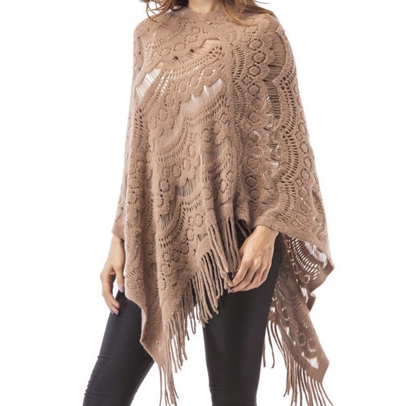 Women Hollow Out Crochet Sweater Cape Pullover Knit Shawl Scarf Tassel Poncho M89E