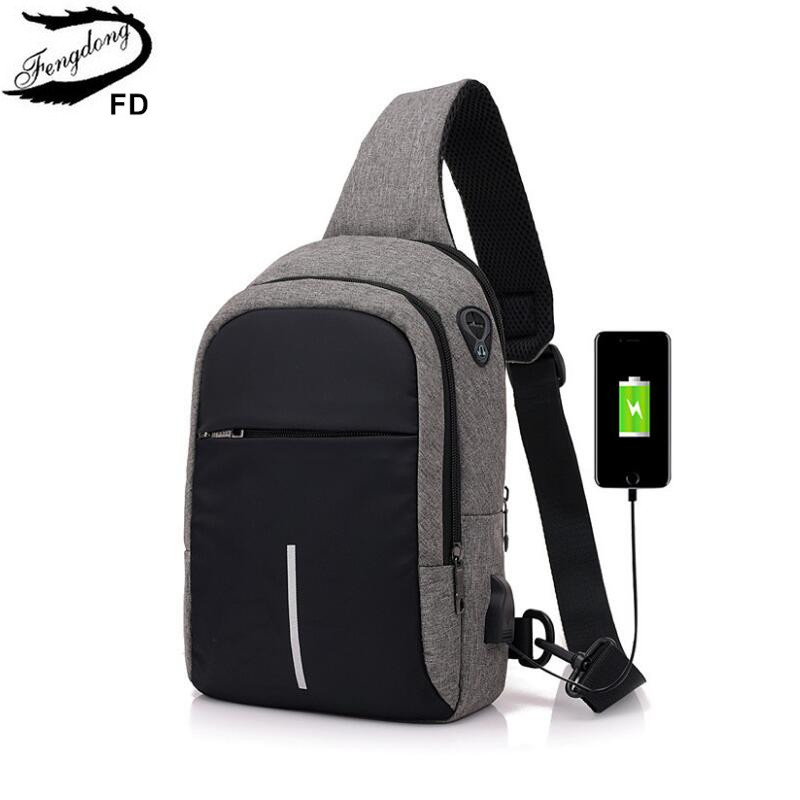 FengDong small crossbody bags for men one shoulder sling chest bag pack casual mini messenger bag with usb port: dark grey