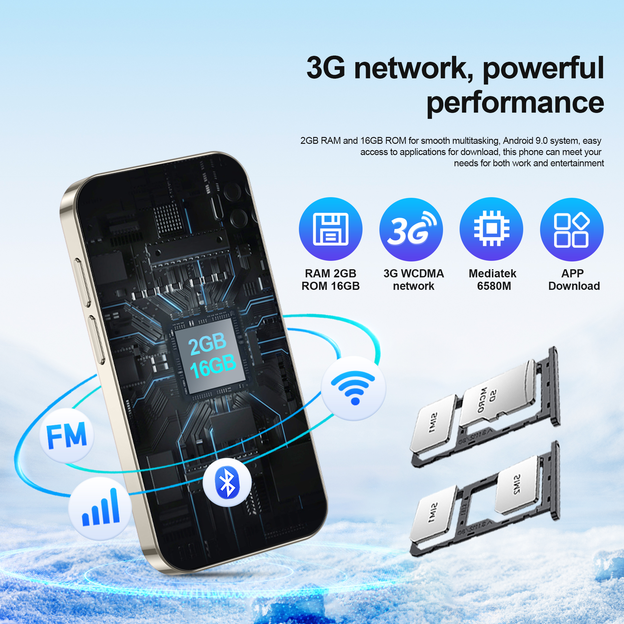 SERVO-Mini-Smartphone, 3,0-Zoll-HD-Anzeige, Android 9.0-praktisch, 2 GB + 16 GB, Gesicht-Entriegelung, 3G-Mobilfunk-GPS, kleine Smartphones