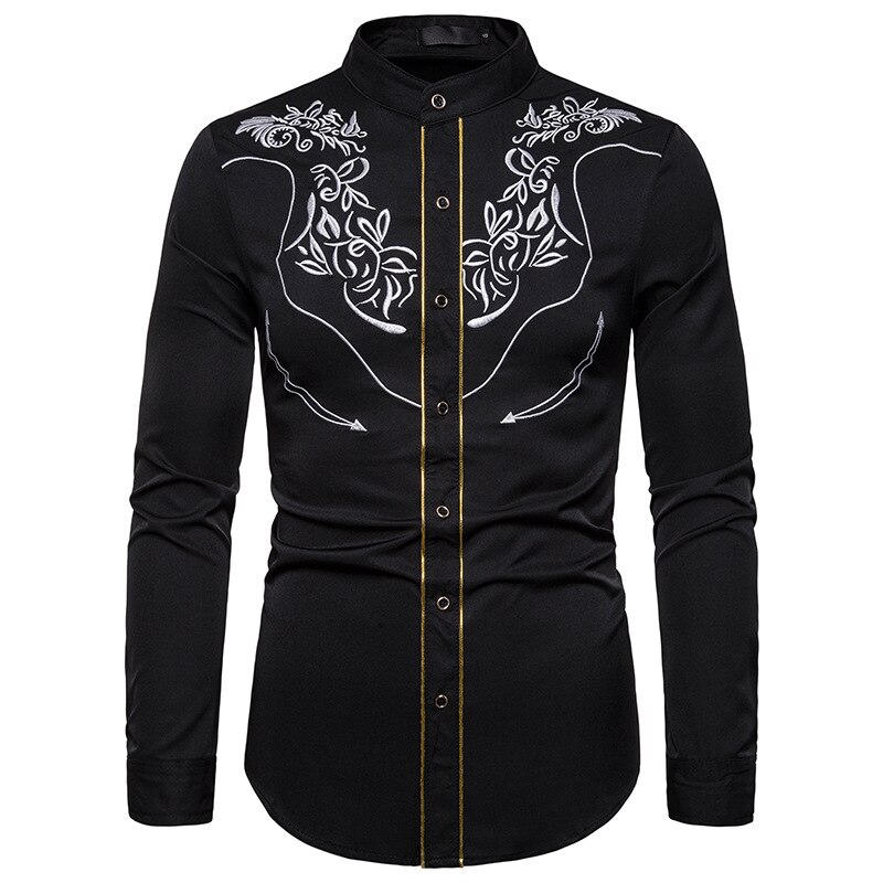CYXZFTROFL Men's Western Cowboy Embroidered Shirt Casual Henry collar Button Down Shirts Slim Fit Long Sleeve Shirt: Black / Eu Size XL