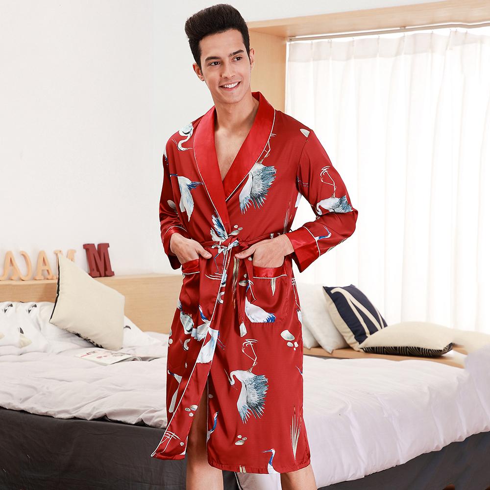 Silky Kimono Robe Bath Gown Chinese Male Long Sleepwear Animal Print Pajama Casual Rayon Robes Men Full Sleeve Nightwear