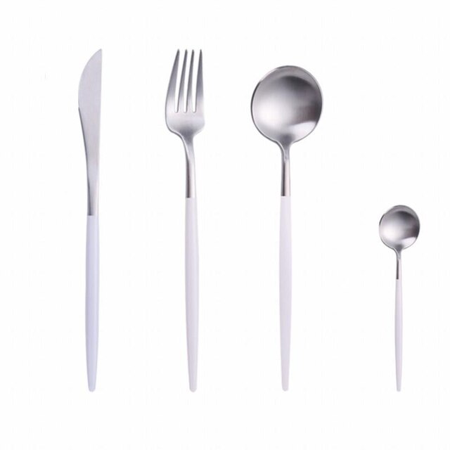 4 Pieces Gold Matte Cutlery Set Dinnerware Set Stainless Steel Green Flatware Set Tableware Knife Spoon Teaspoon Kitchen Set: White Silver 4pcs