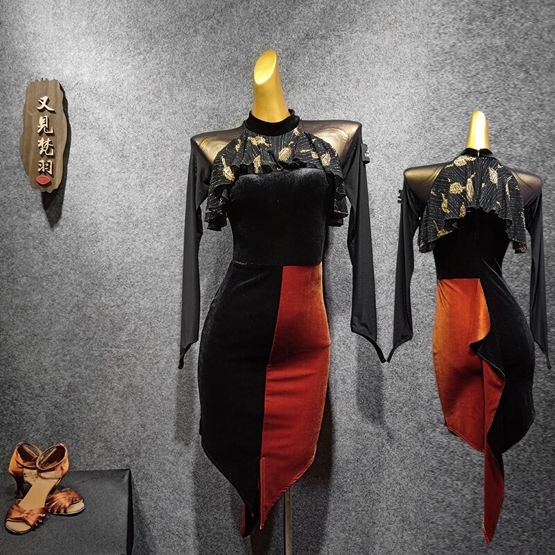 Ropa de baile latino para mujer, vestido de manga larga de entrenamiento Irregular, Ropa de baile de Tango, Samba, vestido de baile de Salsa para mujer: S