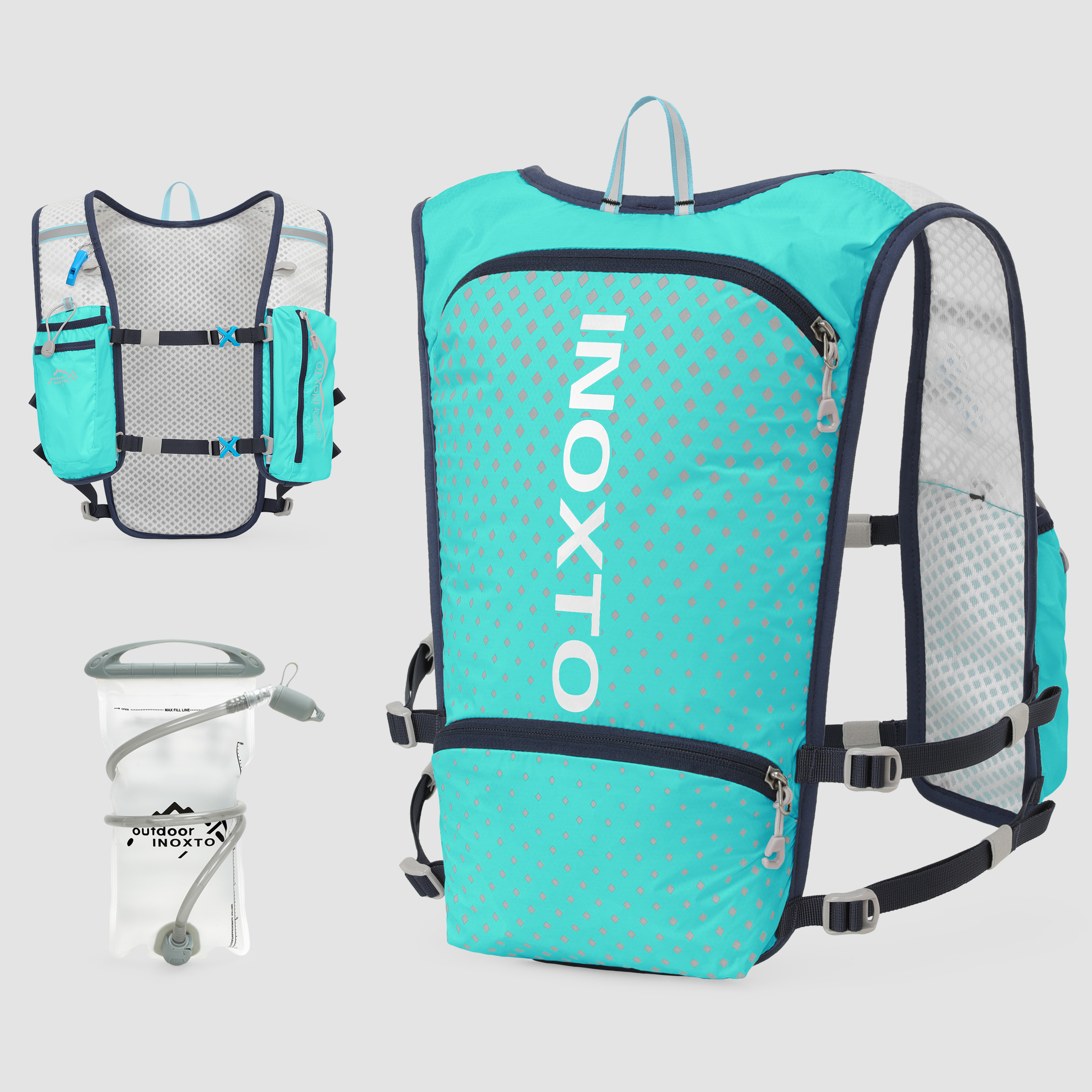 Reflektierende Weste für Damen und Herren, verstellbarer Brustgurt, Lauf-Trinkweste, leichter reflektierender Trinkrucksack: Hellblau