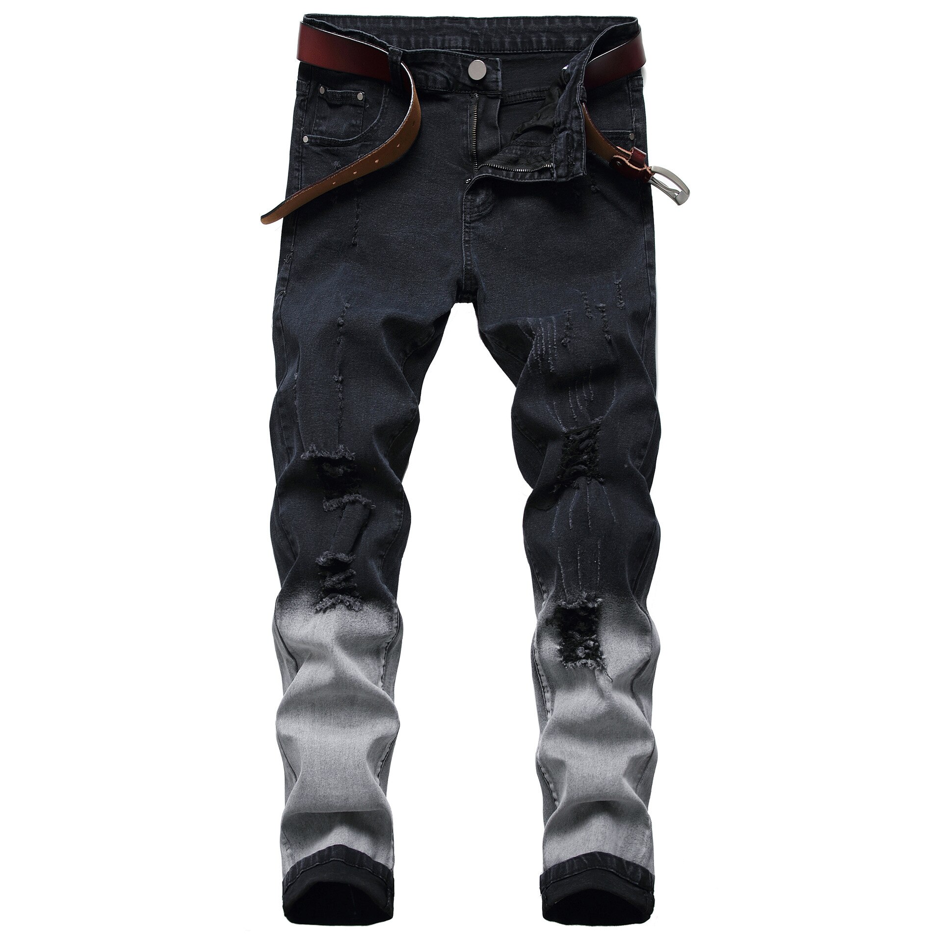 Menn casual jeans farge patchwork vasket distressed hull jeans herre straight stretch slim-fit dongeribukser