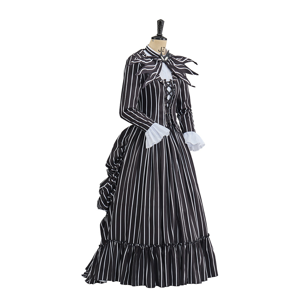 Viktorianisches Edwardianisches Walking-Kostüm für Damen, Gothic, Steampunk, gestreift, Rokoko-Bustle-Kleid, Halloween, Skellington-Verkleidung, Ballkleid