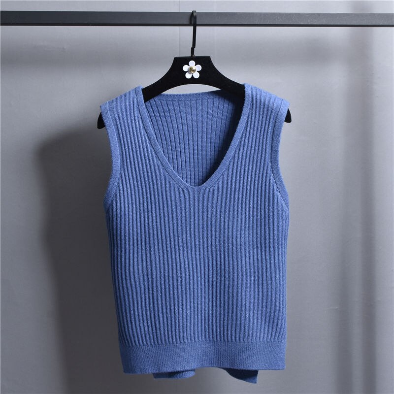 Strikket vest med v-hals, koreansk stil ensfarvet vest til kvinder løs vest stribet slim sweater frakke: Blå
