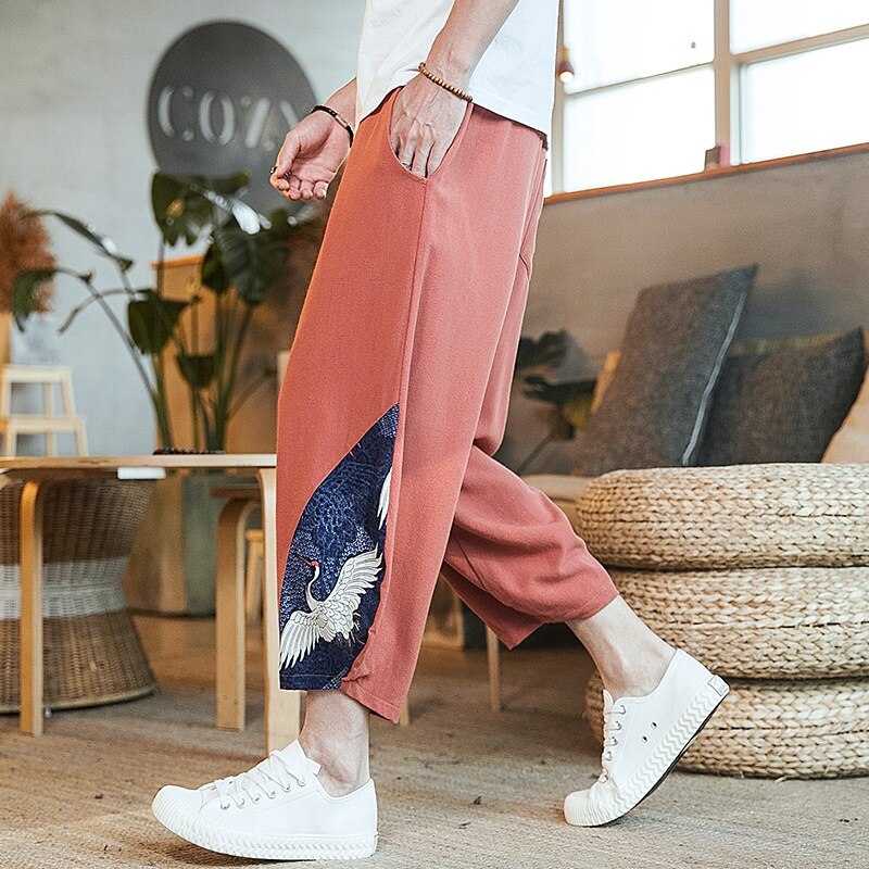 Letnie bawełniane spodnie Kimono męskie patchworkowe luźne spodnie Kimono azjatyckie Streetwear styl orientalny odzież chińskie spodnie męskie FF2965