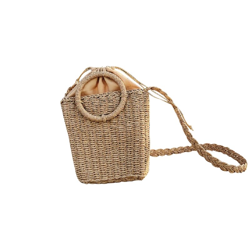 Zomer Dames Handgemaakte Rotan Ring Strozak Geweven Crossbody Strand Zakken Vierkante Handtas Tassen: Bruin