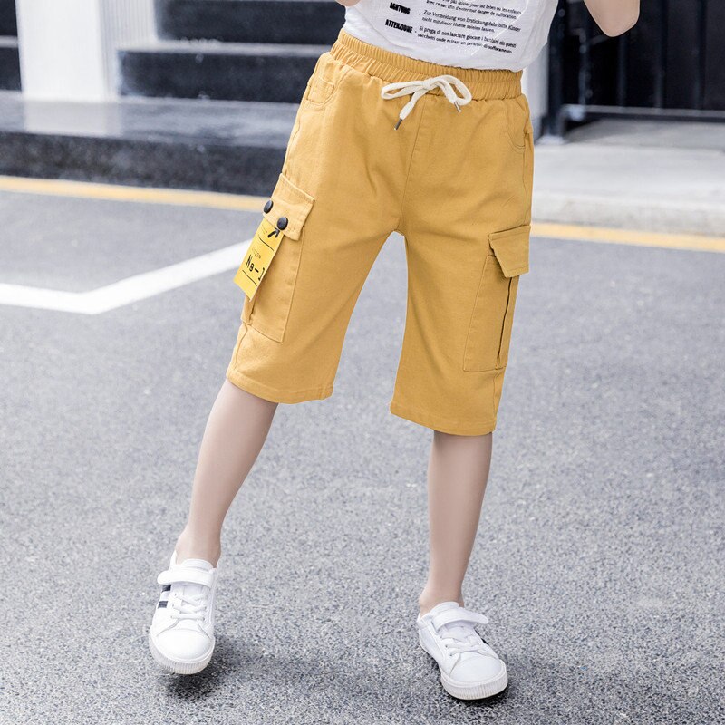 Kids Boy Casual Shorts With Pocket Summer Teenager Cargo Shorts For Boys Child Cotton clothing For 5 To 13 Years Old: YELLOW / 7