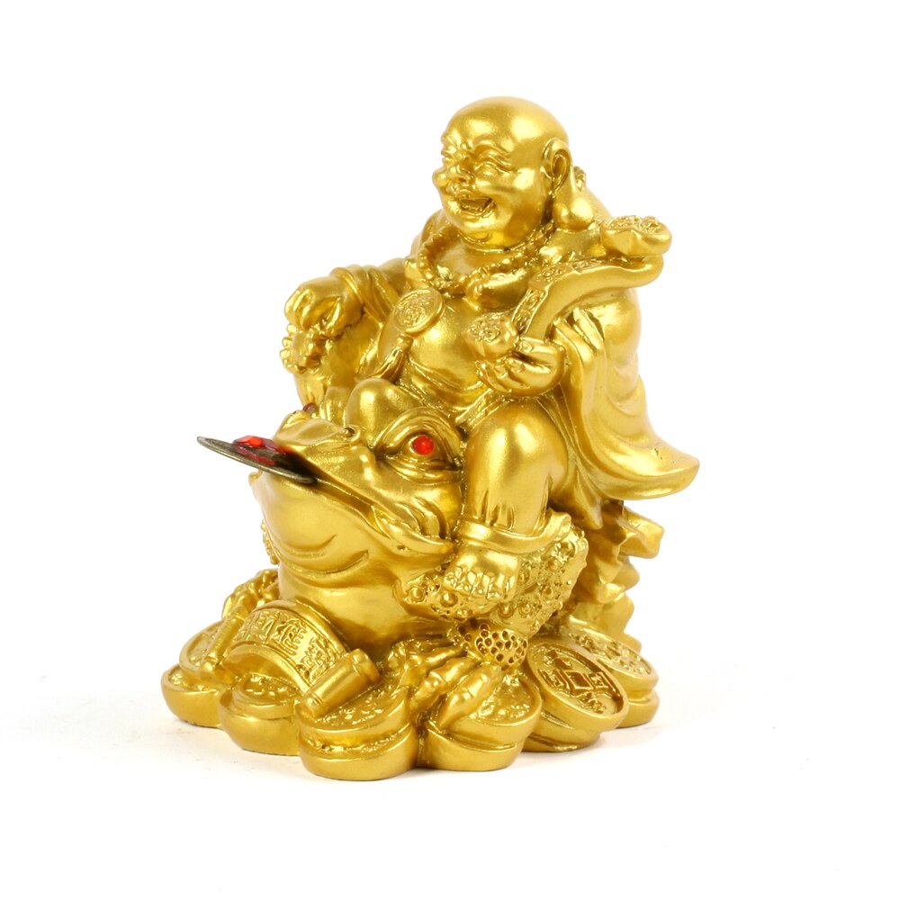 Goud hars sculptuur Maitreya Boeddha standbeeld Qianbao Maitreya Boeddha riding Golden Toad standbeeld