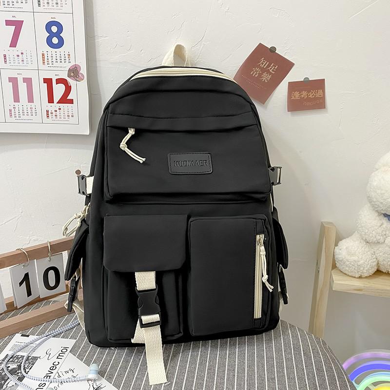 Dame ryggsekk trendy nylon vanntett anti-tyveri skolesekk for jenter skole ryggsekk med mange lommer: Svart