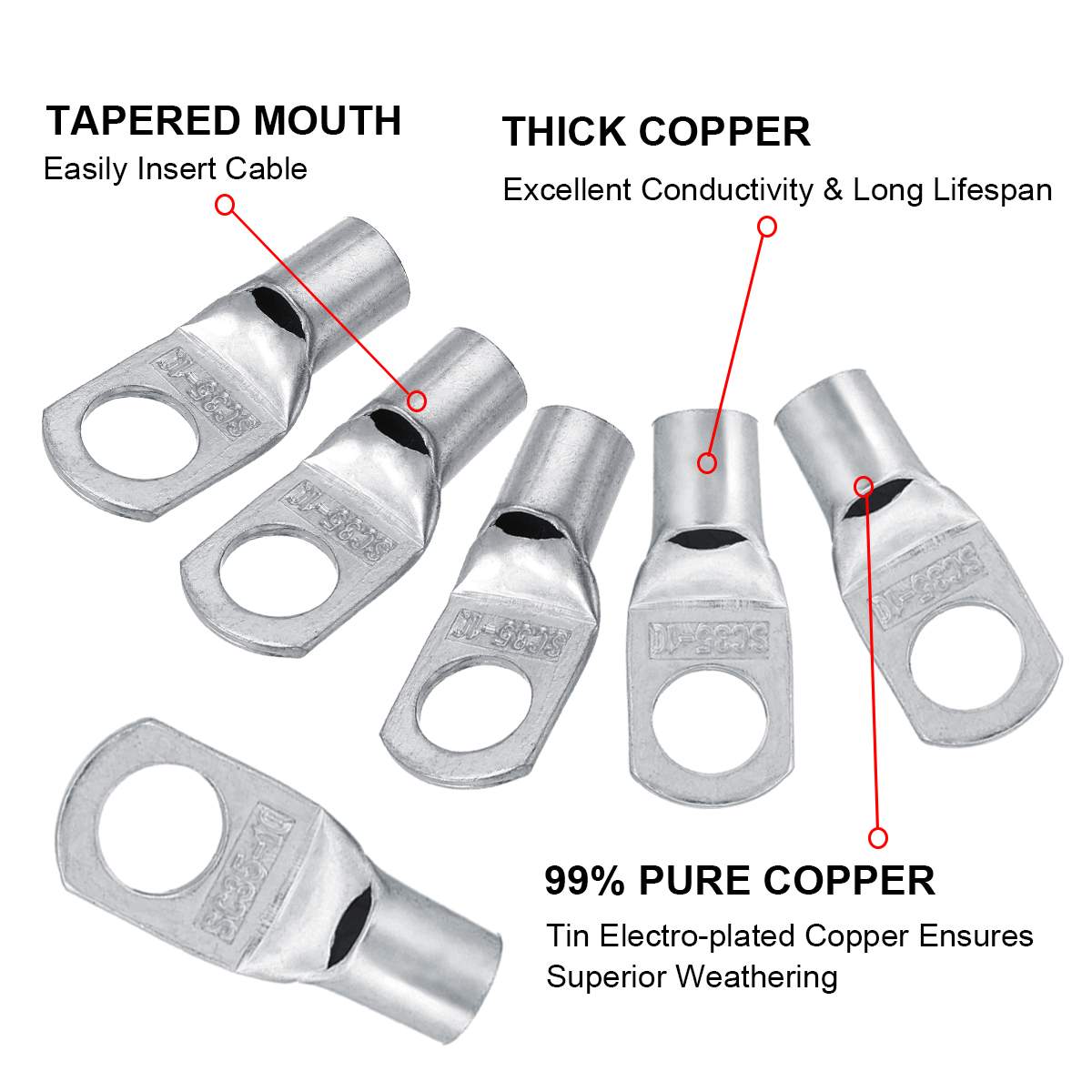 12 stuks Koperen Kabel Lugs Set Terminal SC35-10 Draad Connector 2 AWG Gat 10mm Vertind Zilver Koper Terminals Kit connectors