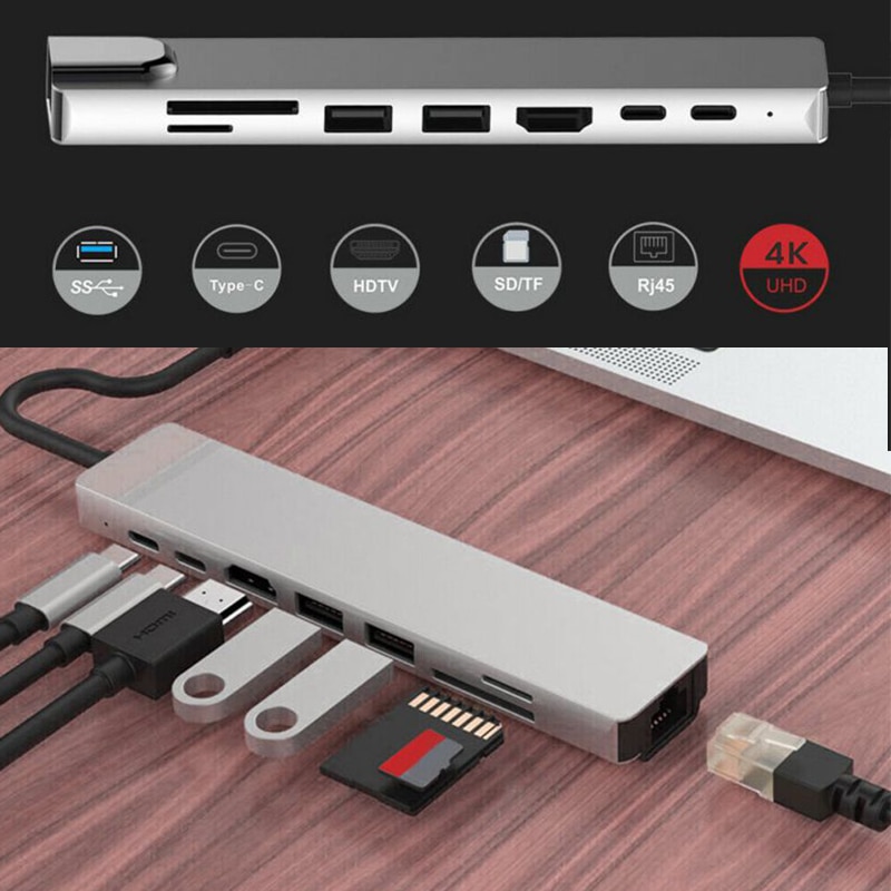 8-in-1 USB-C Hub - 4K HDMI, 3x USB 3.0, SD/TF Card Reader, 100W PD, RJ45 Ethernet