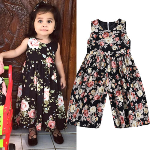 Verano , ropa para niños pequeños, Ropa para Niñas, mono Floral con cuello redondo sin mangas, mono holgado, mono de pierna ancha, atuendo