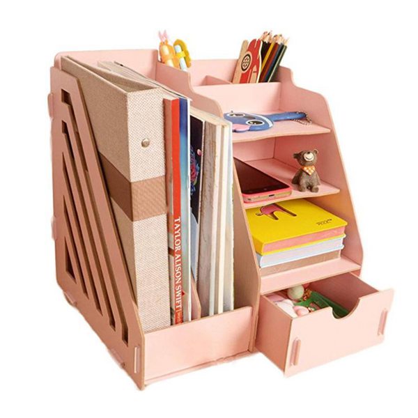 Wood Desk Organizer Drawer Trays Office Desktop Organizers File Holders Office Supplies 4 Tier 6 Compartments (Pink)