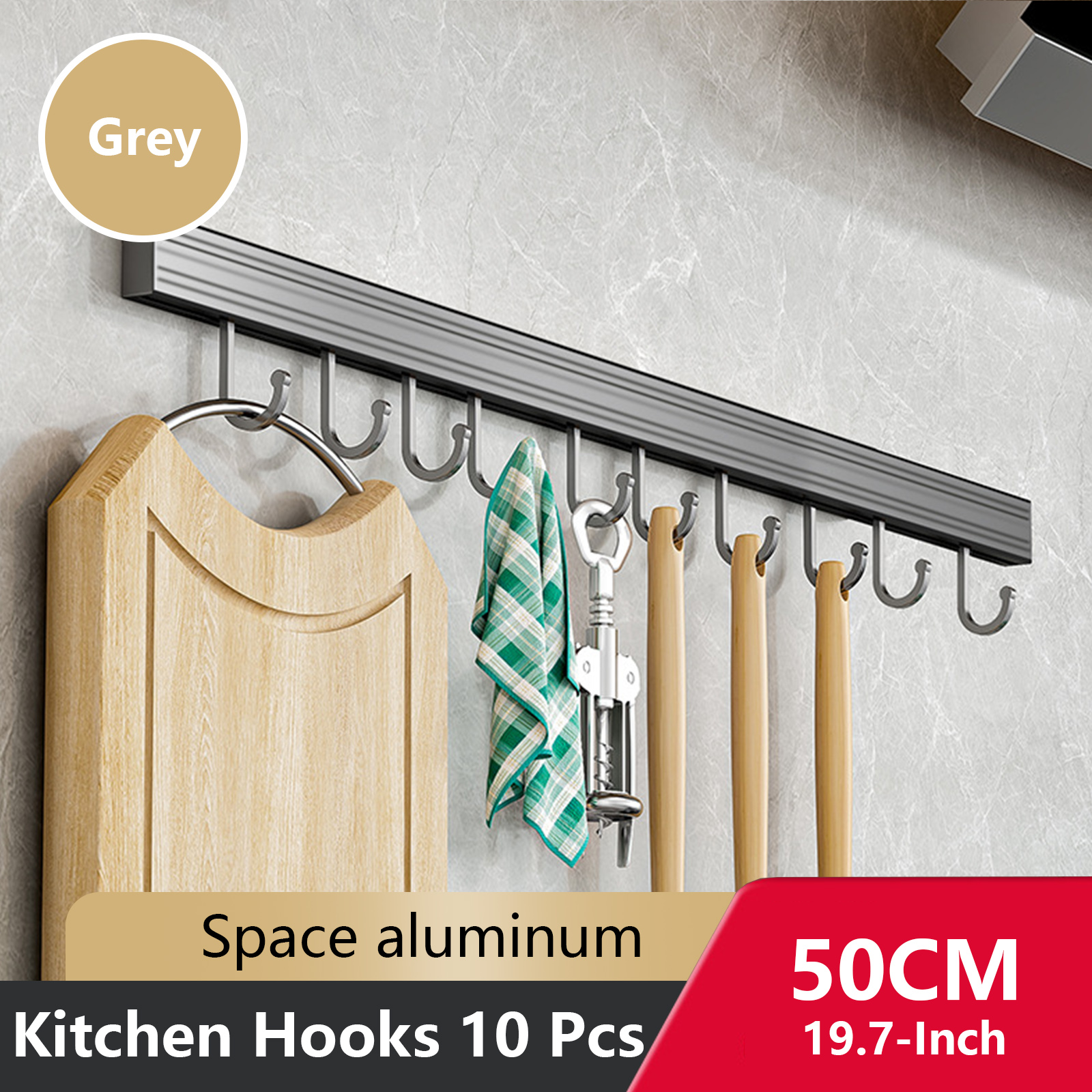 Wall Mounted Kitchen Hook Rack No-Punching Wall Hangers Rail Kitchen Utensils Rack Spoon Shovel Chopping Board Storage Rack: Burgundy