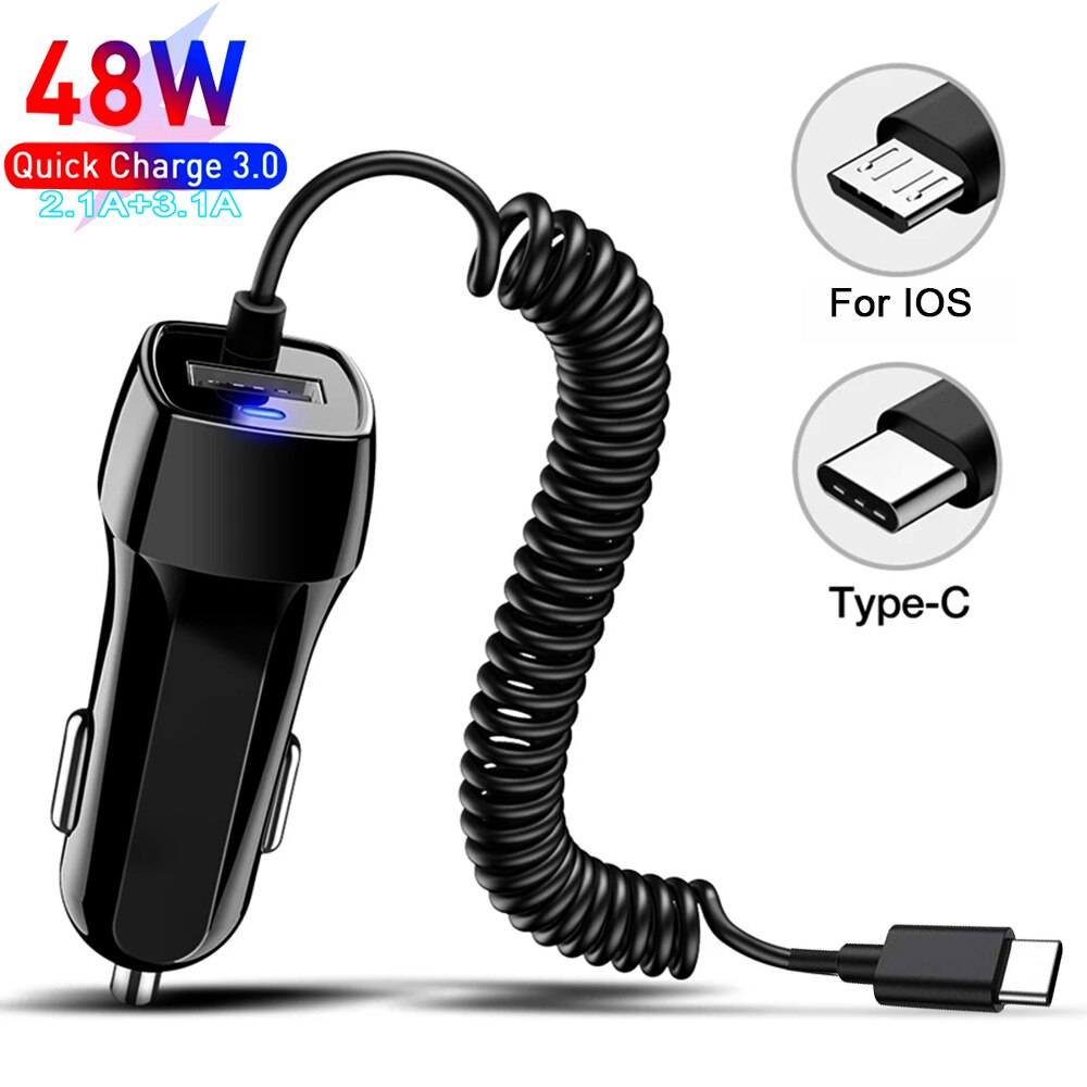 48W Usb Snelle Autolader Stretch Kabel Adapter Voor IPhone13 12 11 Pro Max Samsung Galaxy Note20 Android Type-C Auto-oplader