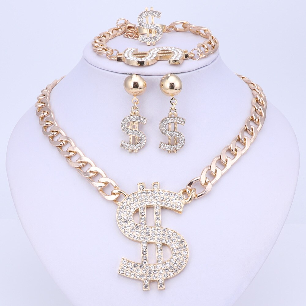 Goud Kleur Hip Hop Bling Bling Dollar Sign Hanger Sieraden Set Dollar Met Strass Hanger Ketting Oorbellen Ring Armband: Gold