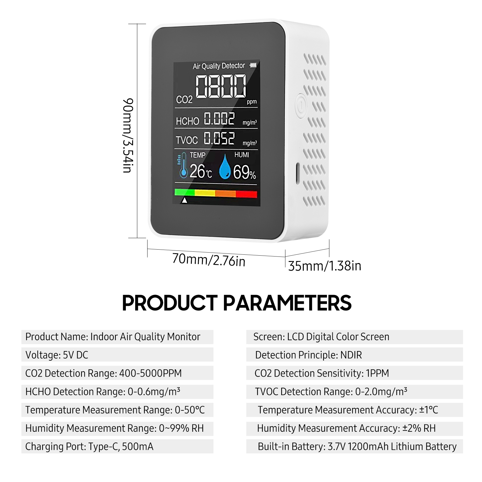 NDIR/Semiconductor CO2 Sensor Air Monitor CO2 Detector Formaldehyde HCHO TVOC Tester LCD Temperature Humidity Tester
