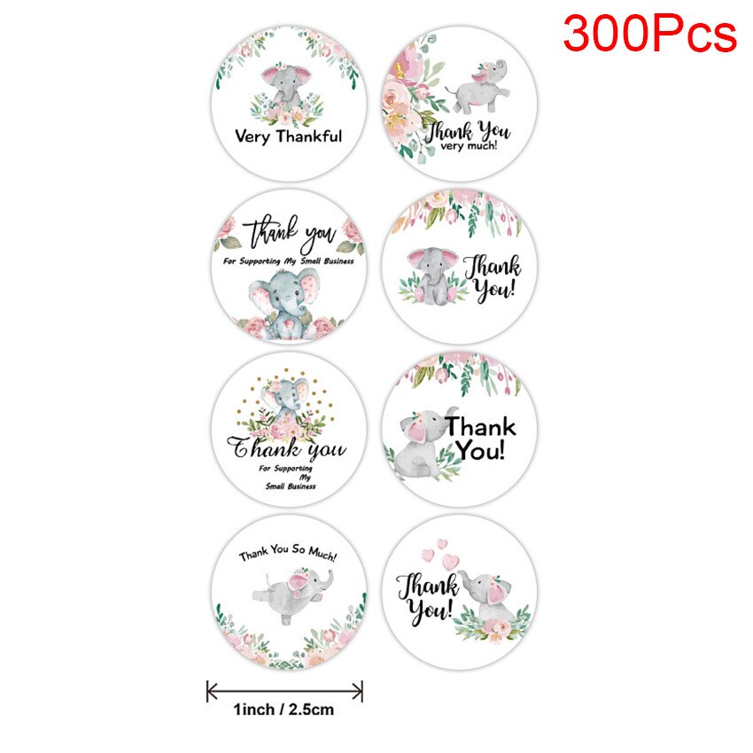 100-500pc Flower Elephant Cute Animals Thank You Sticker for Business Kids Reward 8 Styles Sealing Label Scrapbooking Decor: 300Pcs