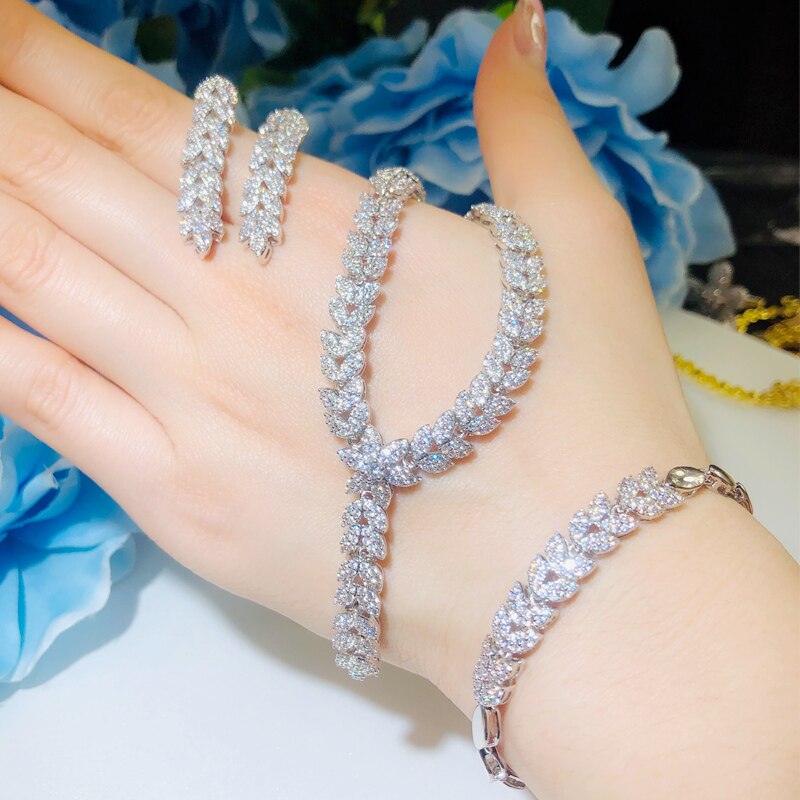 CWWZircons-Conjunto de 3 uds. De Micro pavé de circonia cúbica colgante, flor de hoja, joyería de boda para mujer, accesorios de vestido de de noche T403