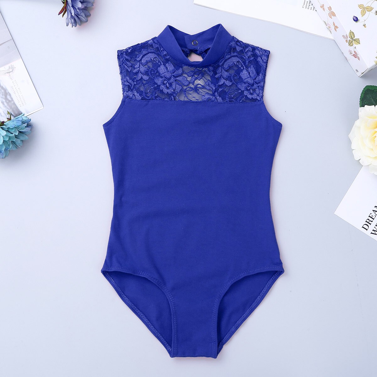 IIXPIN-robe de Ballet Tutu pour filles, justaucorps sans manches col tortue dos en dentelle, gymnastique dans la danse: Blue / L