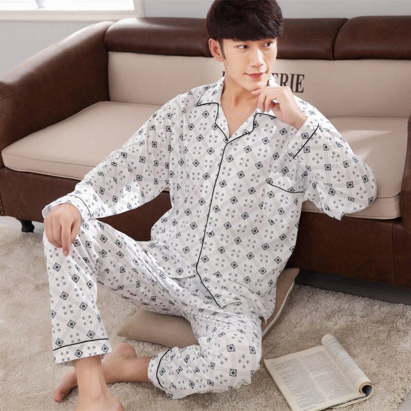 Geometrische Katoenen pyjama mannen pijamas hombre lange mouwen ongedwongen Nachtkleding mannen Plus Size homewear pyjama sets voor mannelijke: 382 / XXXL