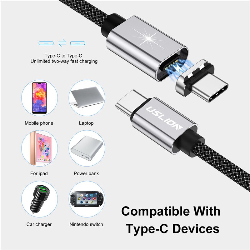 Cabo usb magnético uslion 5a tipo c, fio de carregamento super rápido para macbook 100w pd USB-C tipo c-c fio para xiaomi samsung note